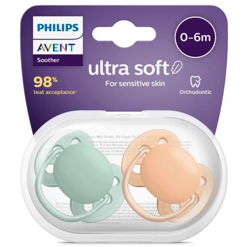 Симметричная ортодонтическая пустышка из силикона Philips Avent Ultra Soft Girl Mint&Orange (0-6 мес.), 2 шт. купить в Кишиневе