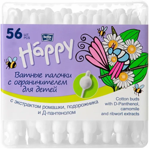 Ватные палочки Bella Baby Happy с экстрактом ромашки, подорожника и Д-пантенолом и с ограничителем, 56 шт. купить в Кишиневе