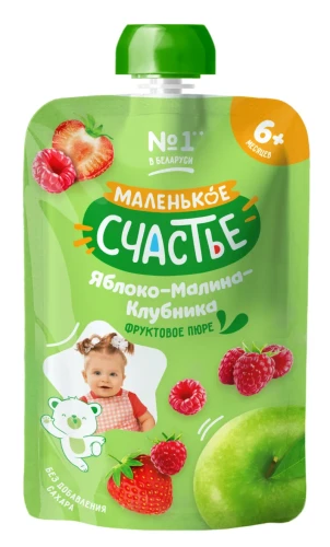 Пюре Маленькое Счастье Яблоко, малина, клубника (6 месяцев+), 90 г купить в Кишиневе