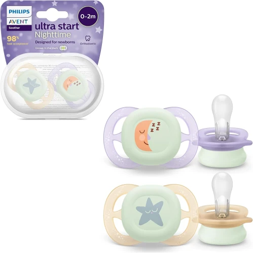 Ортодонтические силиконовые соски Philips Avent Start Nighttime (0-2 мес.), 2 шт. купить в Кишиневе