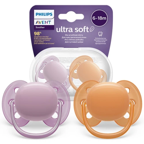 Симметричная ортодонтическая пустышка из силикона Philips Avent Ultra Soft Girl Purple&Orange (6-18 мес.), 2 шт. купить в Кишиневе