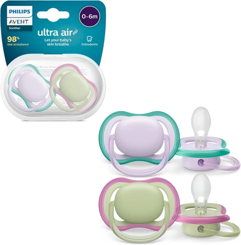 Ортодонтические силиконовые соски Philips Avent Air Girl Purple&Green (0-6 мес.), 2 шт. купить в Кишиневе